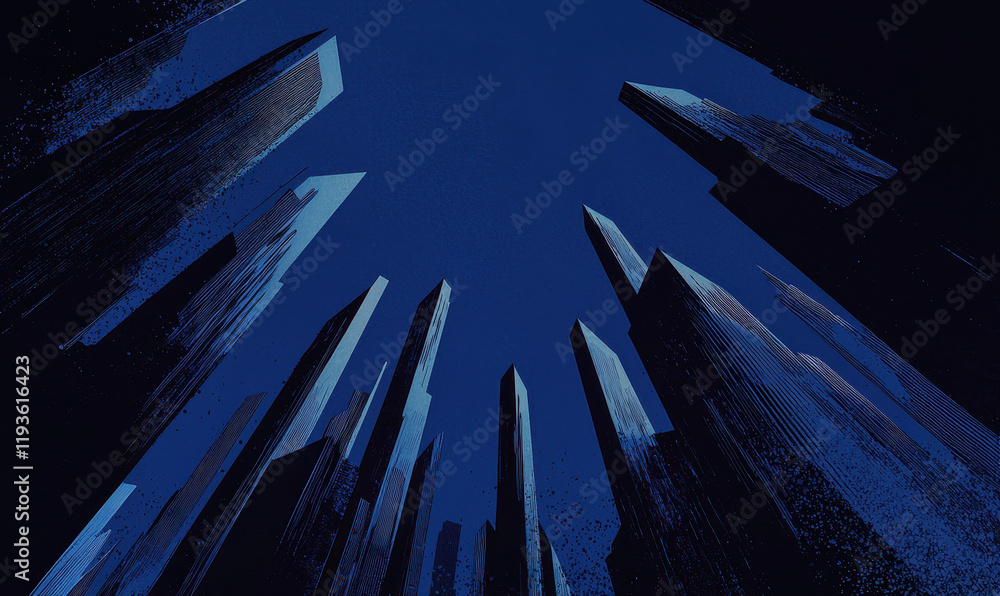 Poster dynamic urban skyscrapers in a futuristic abstract nightscape with geometric patterns and angular pe