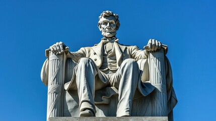 A powerful stone statue of Abraham Lincoln sits against a vibrant blue sky