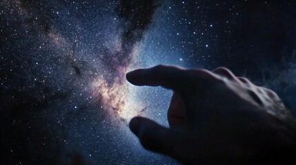 Hand Reaching Towards A Celestial Nebula In Space