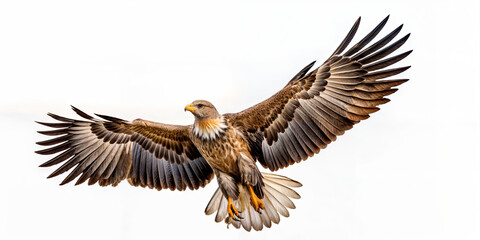 A large bird of prey gracefully glides through the air with its wings fully spread, showcasing intricate feather patterns and vibrant colors. Its sharp eyes scan the surroundings
