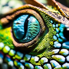 Naklejka premium Detailed macro shot of a chameleon's eye in Madagascar, showcasing vibrant, textured scales and the animal's intricate patterns