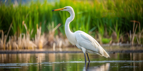 Obraz premium A heron stands gracefully in shallow water, surrounded by vibrant green vegetation. The calm environment reflects the peacefulness of dawn, highlighting nature's beauty