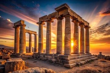 Obraz premium Minimalist Ancient Temple: Four Marble Columns, Sunrise Sky