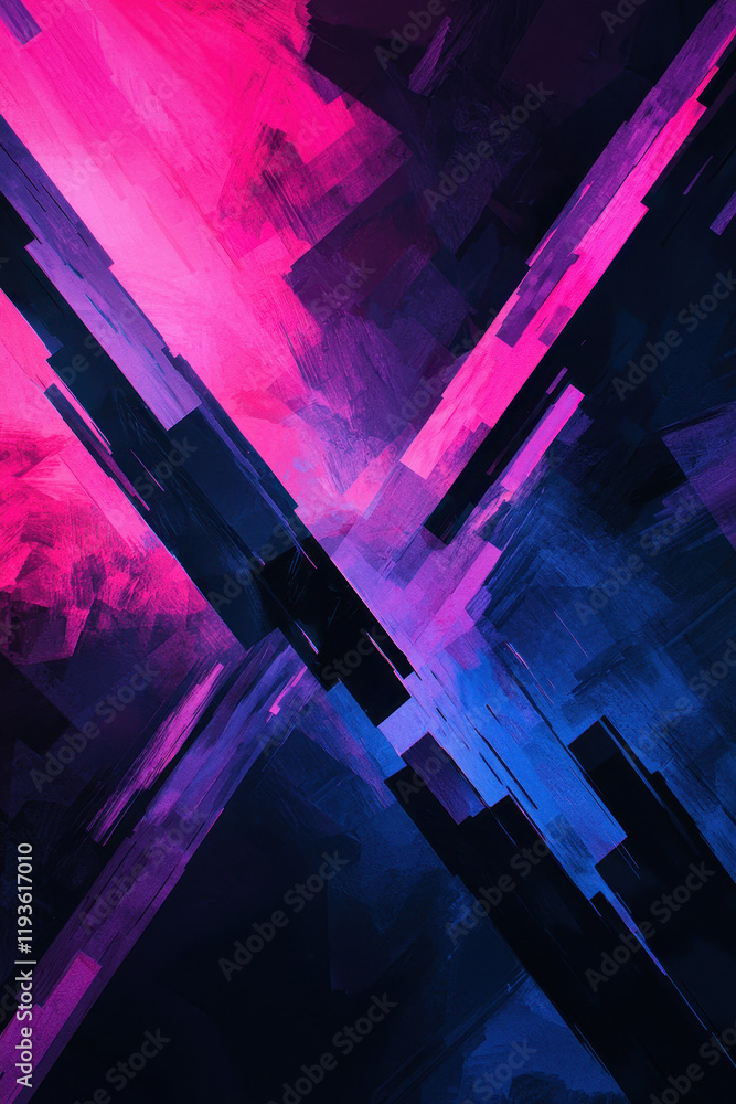 Poster dynamic geometric abstract art with vibrant neon colors and bold digital patterns for modern graphic