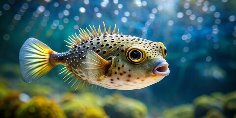 Obraz premium Minimalist Aquarium: Pufferfish Swimming Gracefully in Clear Water