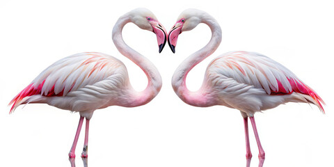 Fototapeta premium Two flamingos stand closely together, their necks curving to form a heart shape. Their striking pink and white feathers contrast beautifully against a calm background, symbolizing love and connection