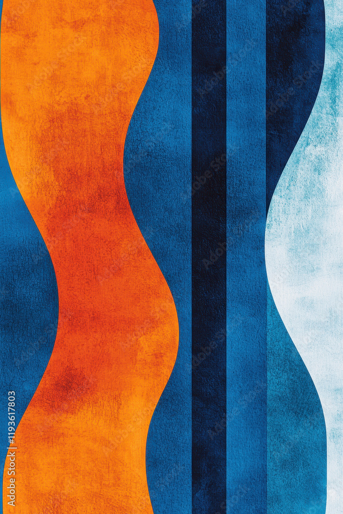 Poster Dynamic Abstract Design Featuring Vibrant Orange and Deep Blue Waves with Striking Geometric Patterns for Modern Artistic Expression