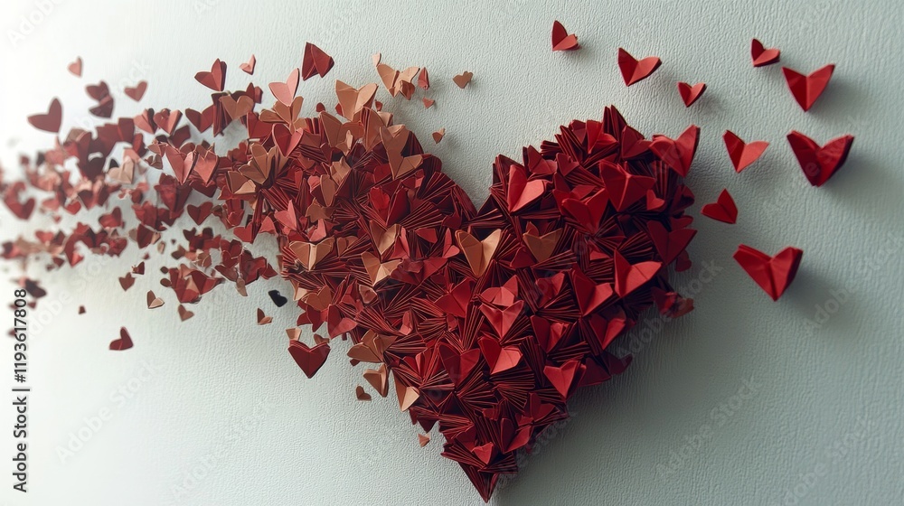 Poster creative origami explosion of a heart revealing smaller hearts in various patterns for a unique arti