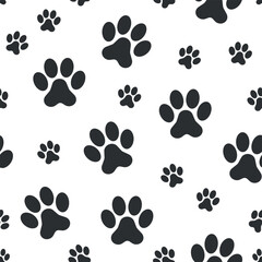 Paw Pet Footprint Pattern - Black Pet Paws on White Background. Seamless Link.