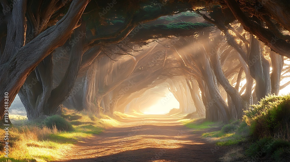 Poster sunlit path through a canopy of twisted trees