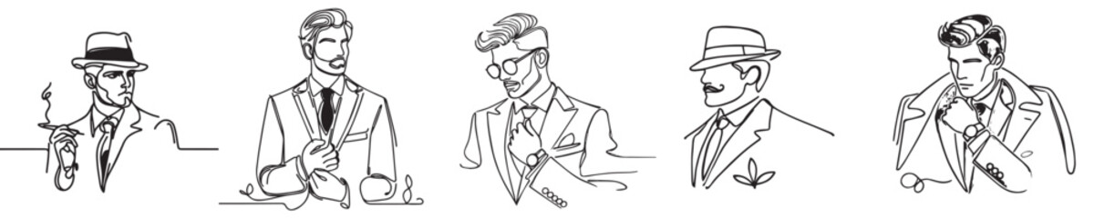 Obraz premium Vector collection of dashing men with continuous line style