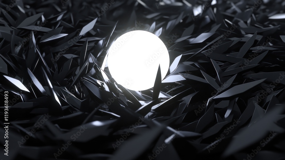 Poster glowing orb in a sea of dark abstract shapes: a 3d render of light and shadow