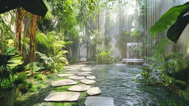 Lush rainforest garden with stepping stones and waterfall