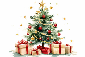 Christmas tree watercolor illustration with gifts