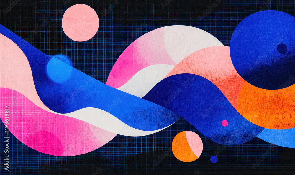Poster vibrant abstract geometric art with colorful waves and spheres in a modern dynamic design for creati