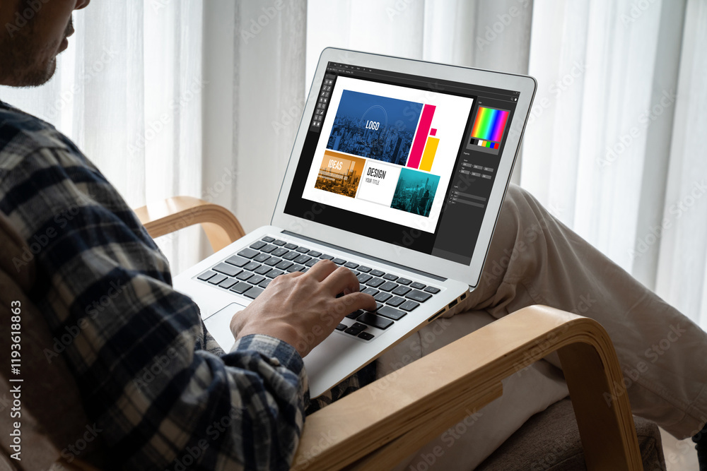 Poster graphic designer software for modern design of web page and commercial ads showing on the computer s