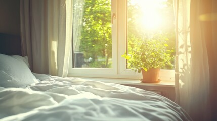 Fototapeta premium Bright bedroom with morning sunlight and potted plants