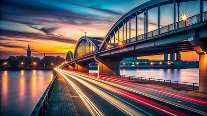 Naklejka premium Minimalist Busy Bridge at Sunset, Cityscape Traffic