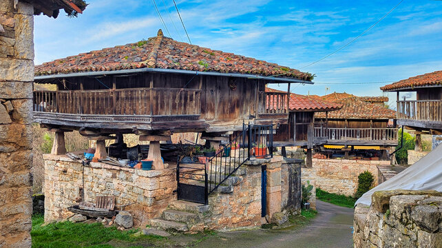 Paneras and horreos, typical buildings in Asturias, Baselgas village, Grado municipality, Asturias, Spain