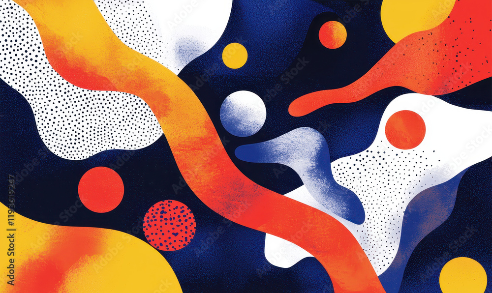 Poster explore the dynamic flow and vibrant colors of abstract art with energetic curves and complex patter