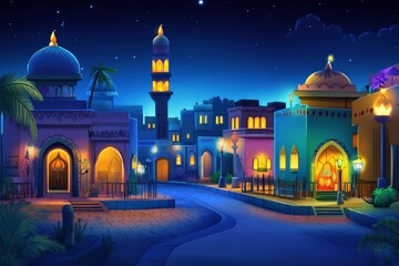 Colorful Nightscape of a Mystical Middle Eastern City with Vibrant Buildings, Illuminated Lanterns, and Starry Sky Creating an Enchanting Atmosphere