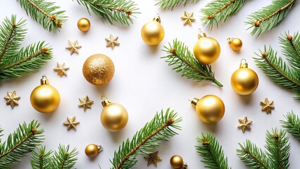 Minimalist Christmas Flat Lay: Golden Ornaments & Fir Branches on White