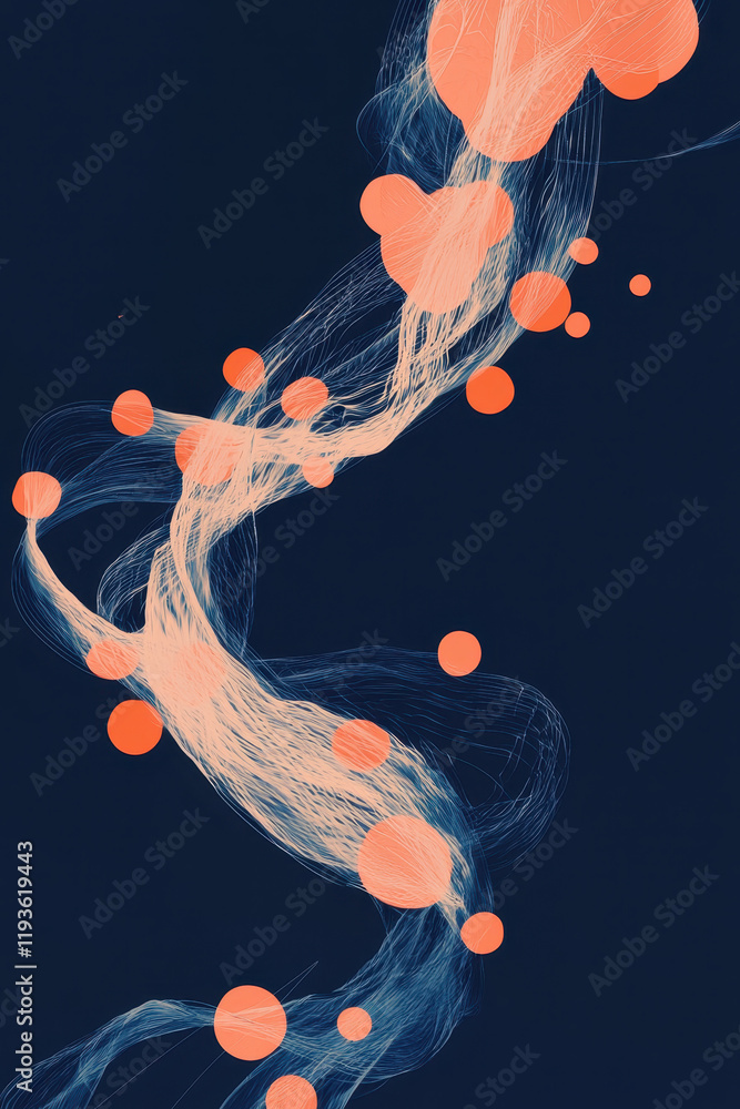 Poster dynamic abstract art with flowing lines and vibrant orange dots on a deep blue background creates a 