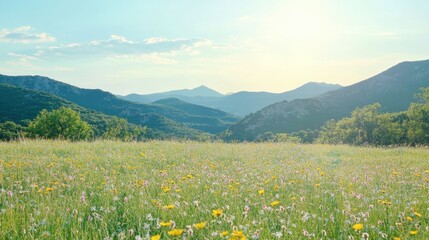 Fototapeta premium Serene meadow with wildflowers and distant mountains under bright sunlight