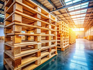 Obraz premium Minimalist Close-up of Stacked Wooden Pallets in Empty Warehouse