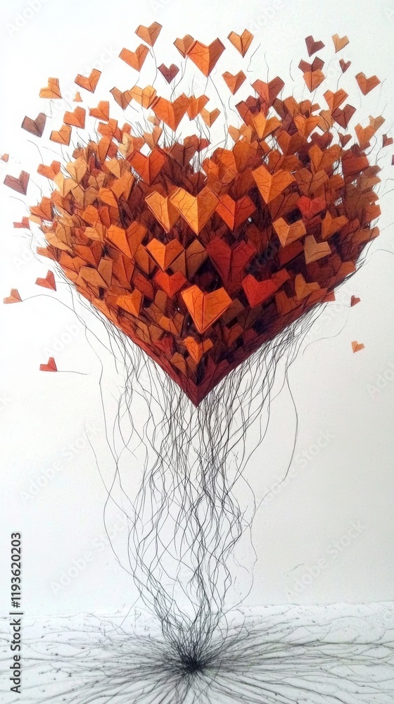 Poster origami explosion of a heart creating smaller hearts in various patterns against a simple backdrop