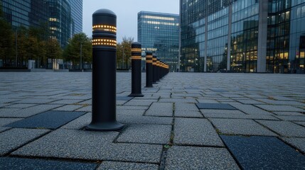 Close-up view of sleek black bollards with LED lights set on stone pavement by an office building under bright daylight