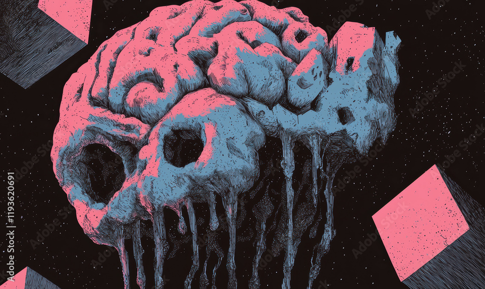 Aufkleber surreal cosmic skull and brain artwork in a fantastical abstract universe explores intricate dimensi