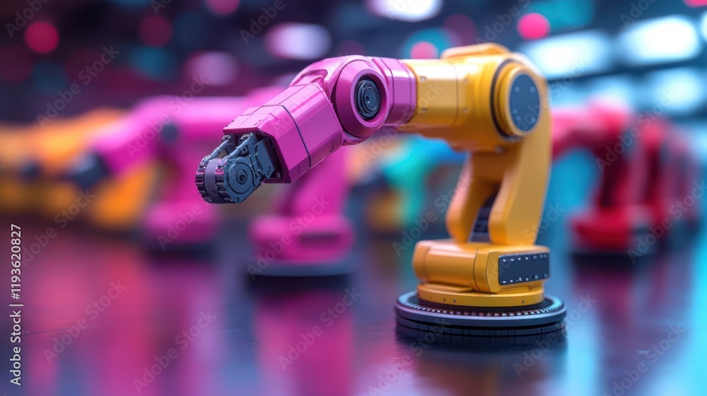 Aufkleber colorful industrial robot arms in a futuristic factory setting with vibrant lighting and a focus on 