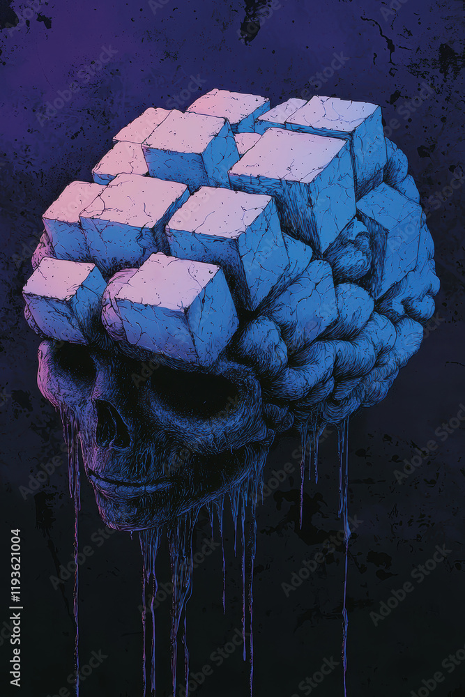 Poster exploring the depths of the mind: a surreal skull artwork featuring cubes and symbolic representatio