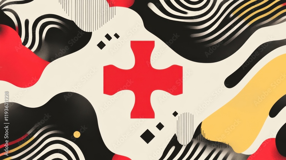 Poster dynamic abstract background featuring bold red cross symbol amidst colorful wavy patterns and textur