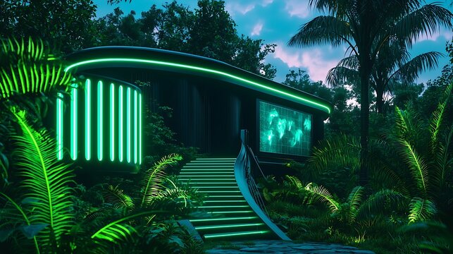Modern futuristic building illuminated with neon lights amidst lush tropical vegetation at dusk - Powered by Adobe