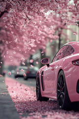 A stunning pink sports car parked under blooming cherry trees.