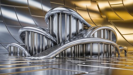 Modern metallic building 3D render with sleek curves on metallic gradient background