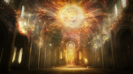 Divine intervention visualized holy spaces with celestial light patterns sacred symbols and radiant representations of miracles