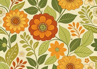 floral pattern, avocado green, burnt orange, and harvest yellow




