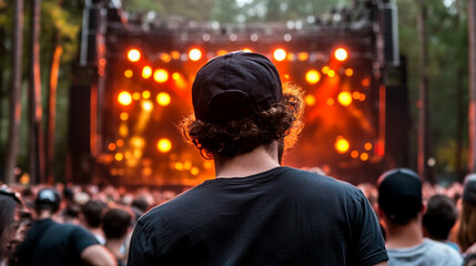Fototapeta premium Backlit Music Festival with Vibrant Stage Lights in Forest Atmosphere