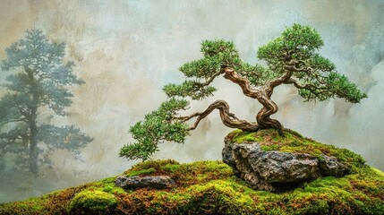 Bonsai tree on mossy rock, misty background.
