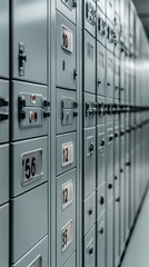 Close-up view of a white metal locker featuring numbered compartments with green dots, highlighting modern design and functionality.