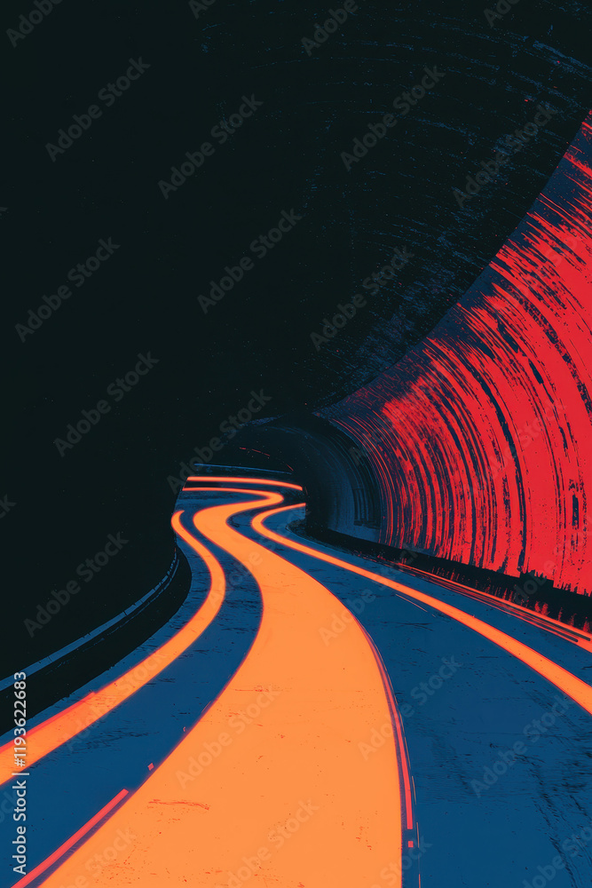 Poster dynamic neon-lit tunnel with striking curves creating a futuristic and vibrant pathway in dark urban