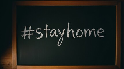 hashtag stay home text on a chalkboard