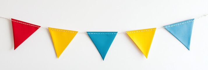 Colorful triangular pennant flags on string against white background