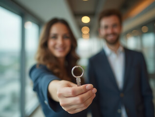 realtor holding a key in modern office setting