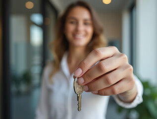 realtor holding a key in modern office setting