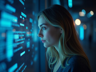 woman in cybersecurity environment with digital interface in background
