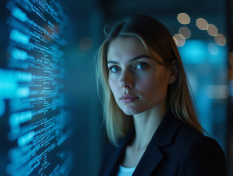 woman in cybersecurity environment with digital interface in background